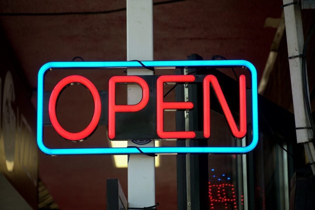 open red & blue neon sign