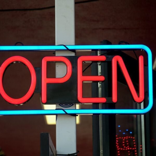 open red & blue neon sign
