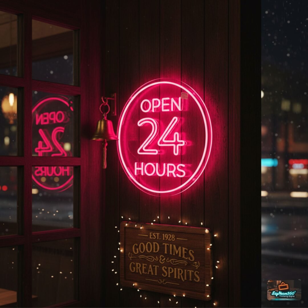Open 24 Hours Neon Sign Round