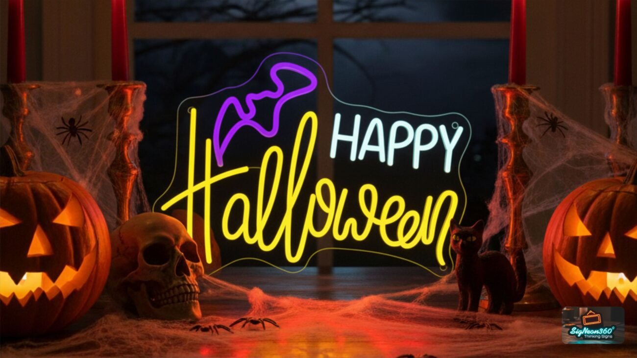 happy halloween neon sign in london
